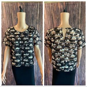 Anthropologie BCNU sz medium black white & pink floral striped mesh blouse